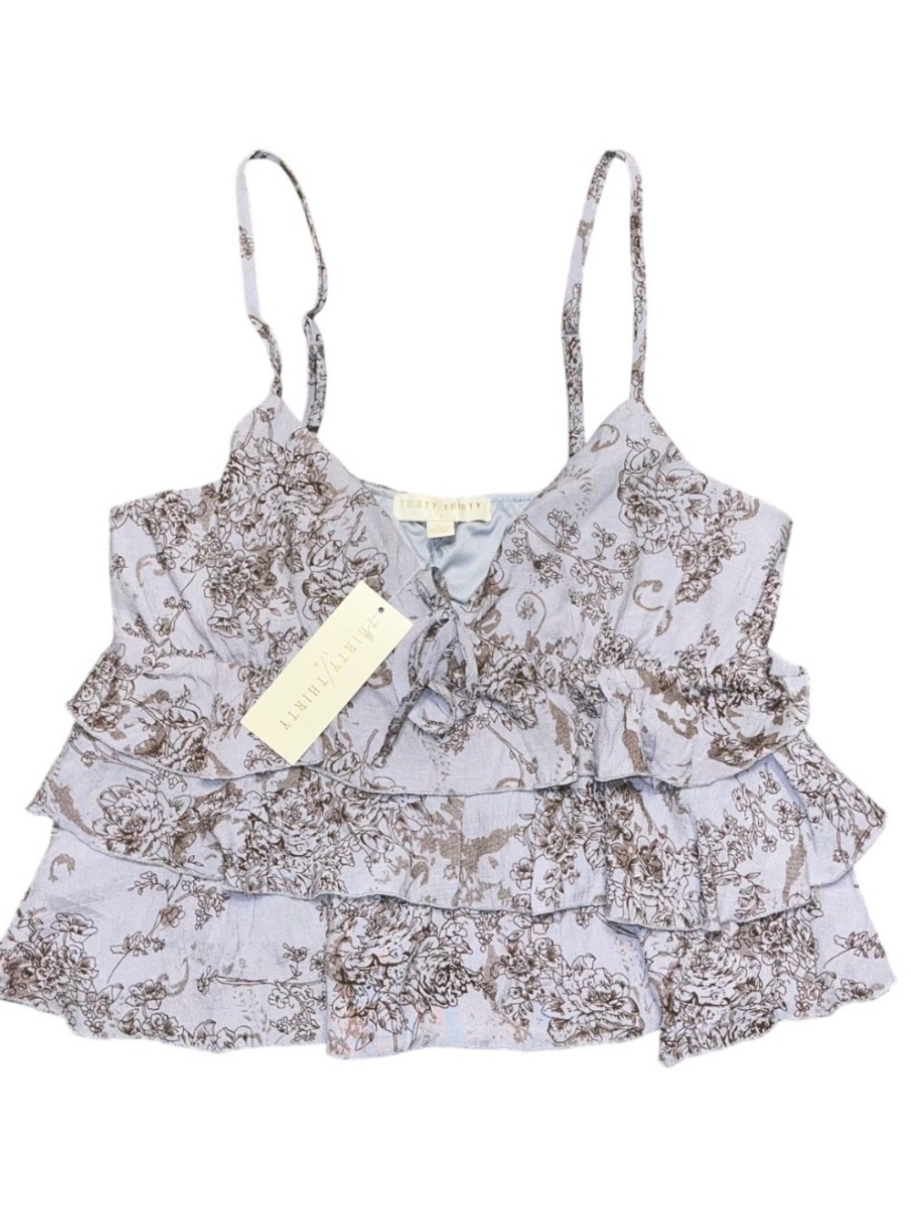 Thirty Thirty Blue Purple Tank Top Ruffle Brown Floral Tie NWT Large V Neck